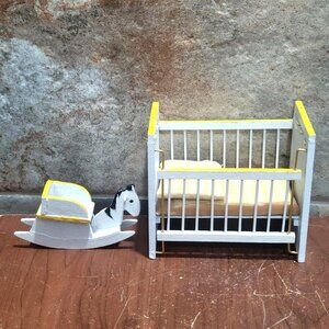 Vintage Dollhouse Miniature Baby Nursery Set Baby Crib Rocking Horse